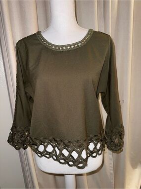 Aeropostale Olive Eyelet Neckline Top with Crochet Hem